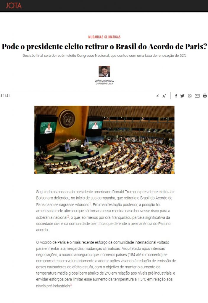 Pode o presidente eleito retirar o Brasil do Acordo de Paris?
